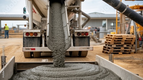 Concrete truck pouring wet cement at construction site