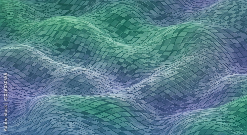 Obraz premium Abstract Wavy Mosaic Background with Green and Purple Geometric Tiled Surface
