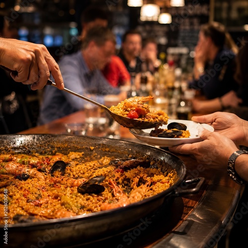 Serving Fresh Seafood Paella at Authentic Casual Tapas Bar Counter
