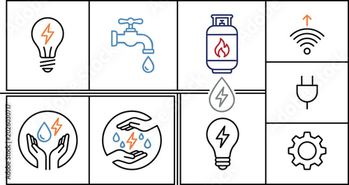 Fényképezés Home utilities and resource conservation line icon set with electricity water ga