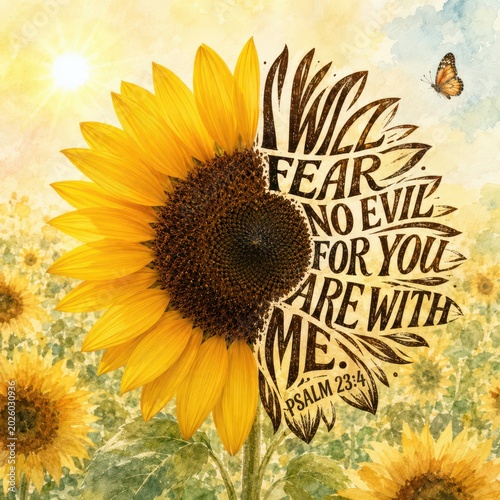 A large sunflower with Psalm 23 verse blended into its petals stands out in the image, complemented by a nearby fluttering butterfly 