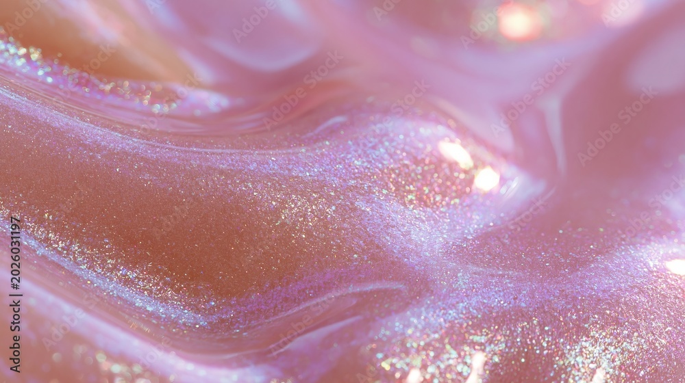Fototapeta premium Close up of shimmering pink cosmetic gel with iridescent glitter and smooth texture, showcasing a perfect glass-like finish ideal for beauty and skincare applications
