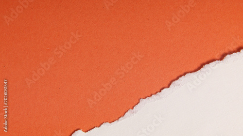 White paper with torn edge layered diagonally over orange background