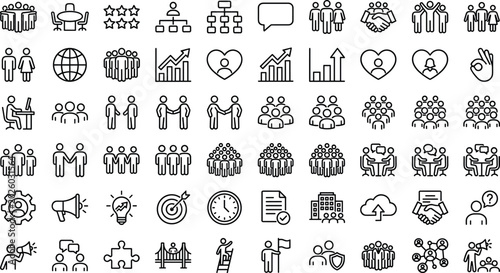 Business teamwork and human resources line icon set with partnership meeting community and growth elements