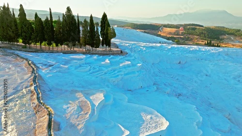 Drone view of Travertines of Pamukkale, Turkey. Thermal pools, white limestone terraces and green trees create a scenic natural landmark.