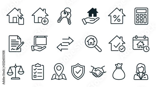 Bild auf Leinwand Real Estate and Property Management Line Icon Set Featuring Home Search, Mortgag