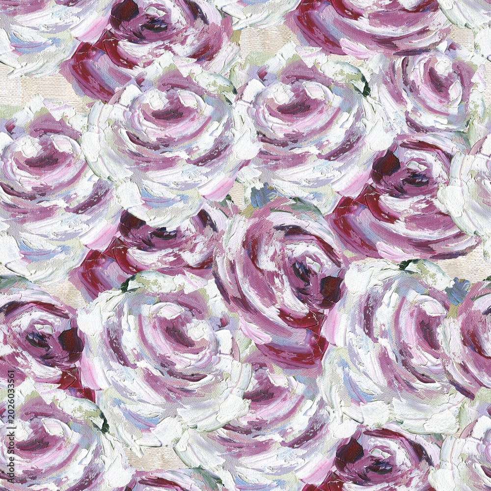Obraz premium Seamless pattern with pink roses. Hand drawn oil illustration.