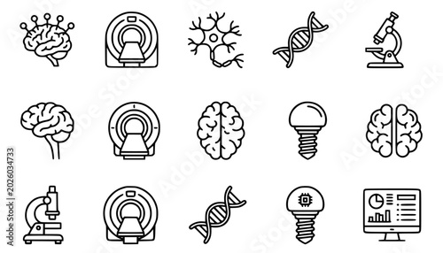 Tableau sur toile Neuroscience research tools: brain diagram, neuron cell, eeg headset, mri scanne