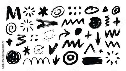Slika na platnu A collection of hand drawn doodle elements and abstract black ink shapes