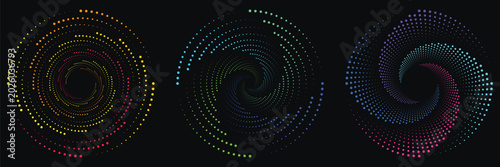 Slika na platnu Abstract geometric spiral patterns with dotted elements arranged in circular formations on dark canvas