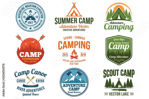 Adventure camp and outdoor expedition logos collection featuring vintage-style camping branding with retro typography, warm sepia tones, and rustic illustrations for summer camp marketing