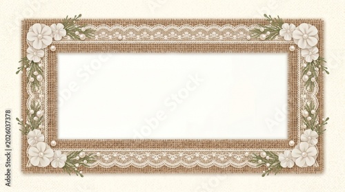 Burlap and lace border with floral accents in vintage style  