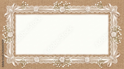 Burlap and lace border decorative frame with floral elements  