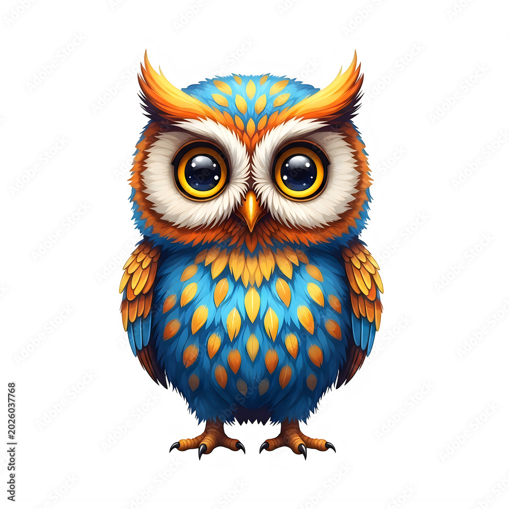 Obraz premium A colorful owl with vibrant blue and orange feathers looks directly at the viewer curiously outside