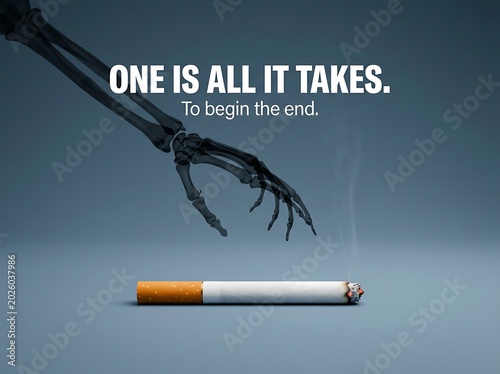 A skeletal hand reaches down towards a lit cigarette symbolizing the deadly consequences of smoking and addiction