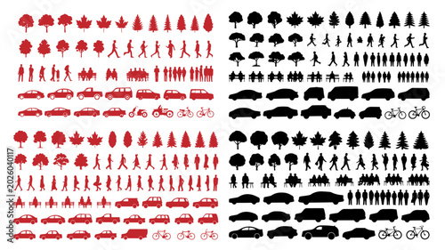 Vehicles, People, and Trees in a Mega Silhouette Collection for Architectural Visualization and Plan Design Vector Set
