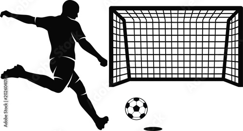 Billede på lærred Soccer Player Penalty Kick with Goal Post Silhouette Vector