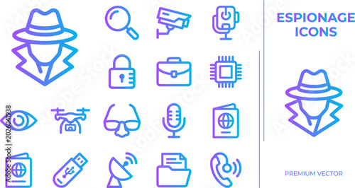 Obraz na plátne Espionage icons set featuring detective spy gear security surveillance cameras digital privacy and secret tools