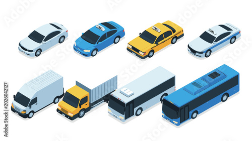 Isometric vehicles including cars taxis trucks and buses in various colors