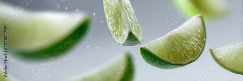 Fresh green lime slices splashing in mid-air with water droplets