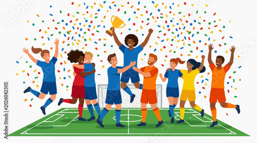 Diverse soccer team celebrating victory with trophy and confetti on green field vector