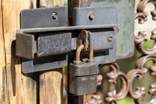 Bild auf Leinwand Sturdy Padlock and Hasp on a Gate