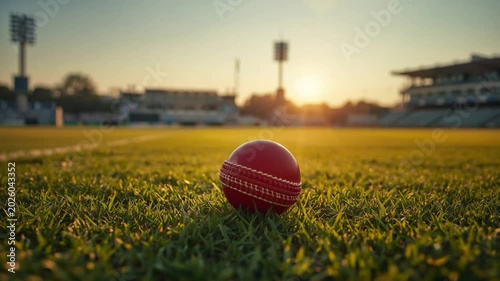 Close-up of a red cricket ball on a grassy field with stadium lights and sunset in the background
