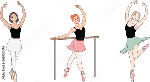 Cuadro en lienzo Graceful Female Ballet Dancers Character Set Training at Barre and Performing Cl