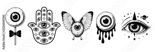 Black and white of five surreal eye-themed including a lollipop, hamsa hand, moth, dripping eyeball, and cosmic eye