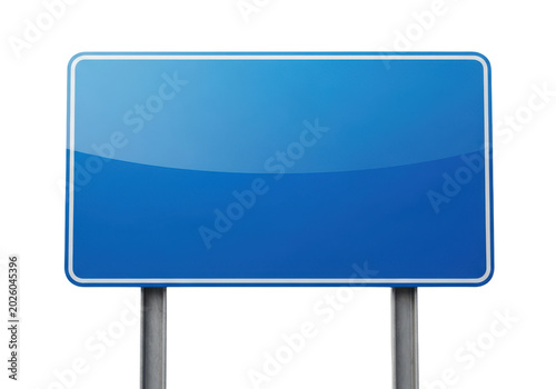 A blank blue road sign on metal posts isolated on transparent background