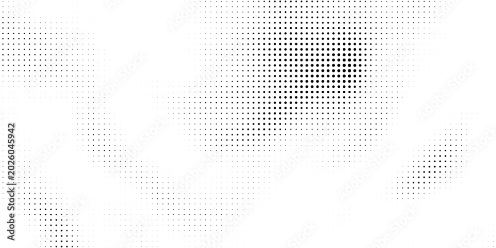 Naklejka premium Abstract gradient halftone wave dotted textured pattern. Black grunge speckle on white background overlay. Retro comic pop art backdrop with halftone dots design