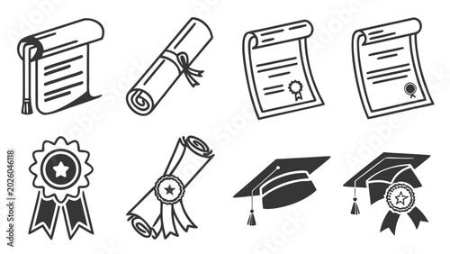 Graduation ceremony with diplomas, certificates, and academic awards on display