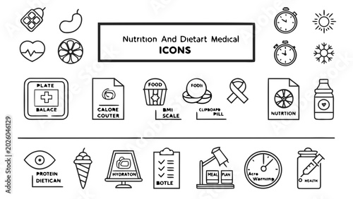 Medical nutrition and diet icons display on a clean surface with various health-related symbols