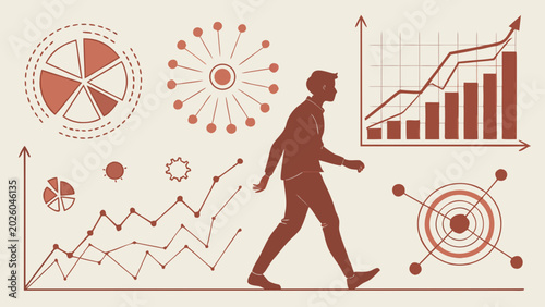 Businessman walks through various charts and graphs in office setting