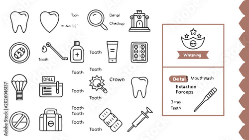 A dental clinic's promotional materials showcase various tooth and oral care icons.