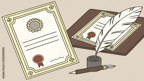 Two certificates with seal and quill on a desk indoors