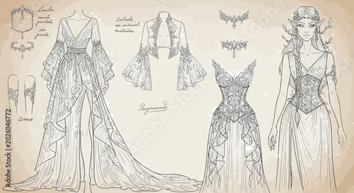Schilderij op canvas Fantasy Fashion Sketch Collection with Elegant Gowns and Corsets