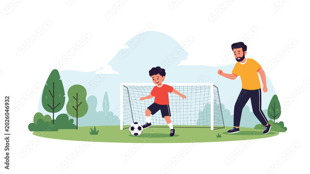 Obraz premium Father and young son playing soccer together in a grassy outdoor park with a goal and green trees in the background.
