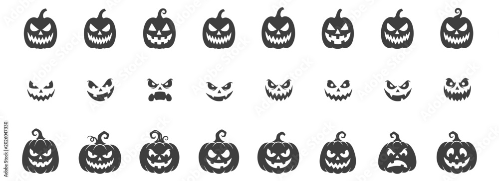 Fototapeta premium Collection of various spooky halloween pumpkin faces with includes multiple spooky