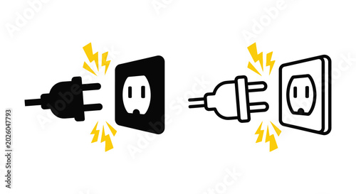 Electrical plugs and outlets with lightning bolts black silhouette
