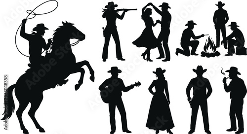 Obraz na plátně Western cowboy silhouettes, rodeo and country scenes cowboy hat horse