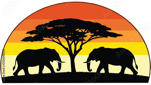 Photography African savanna sunset silhouette featuring two majestic elephants facing centra