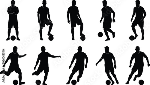 Tableau sur toile Silhouettes of soccer players in various poses, kicking and dribbling balls foot