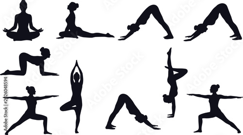 Fotografía Black silhouettes of women in various yoga poses, isolated on white background,