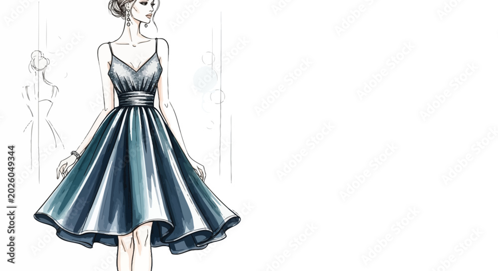Fototapeta premium Fashion Illustration of Elegant Woman in Dark Blue Cocktail Dress