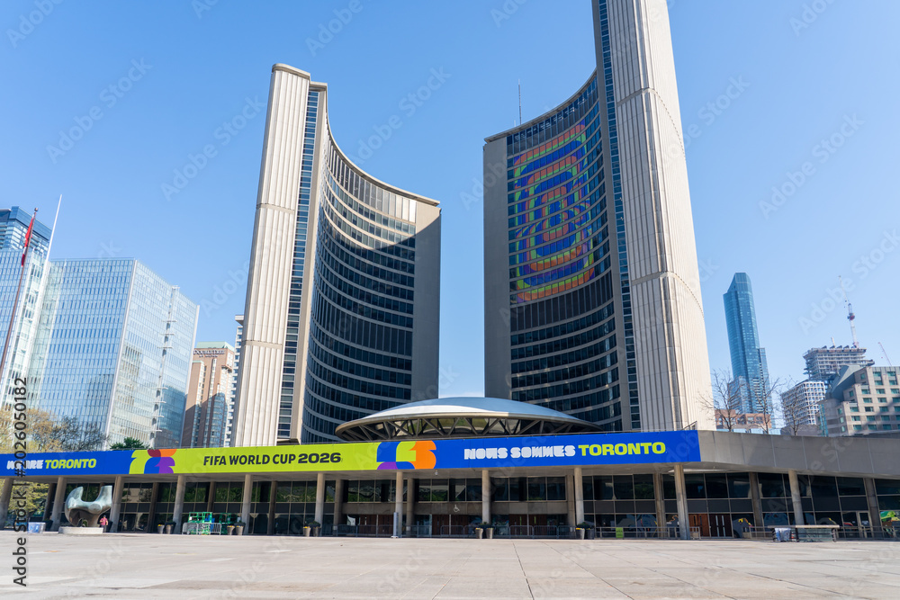 Naklejka premium Toronto, Canada -May 18, 2026: This scene shows preparations for the 2026 FIFA World Cup at Nathan Phillips Square and City Hall building in Toronto, Canada.