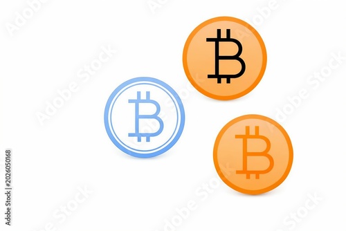 Three bitcoin cryptocurrency coins with orange and blue design variations