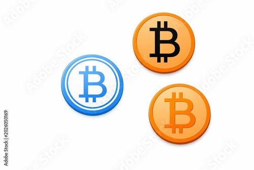 Three stylized bitcoin cryptocurrency coins in vibrant colors