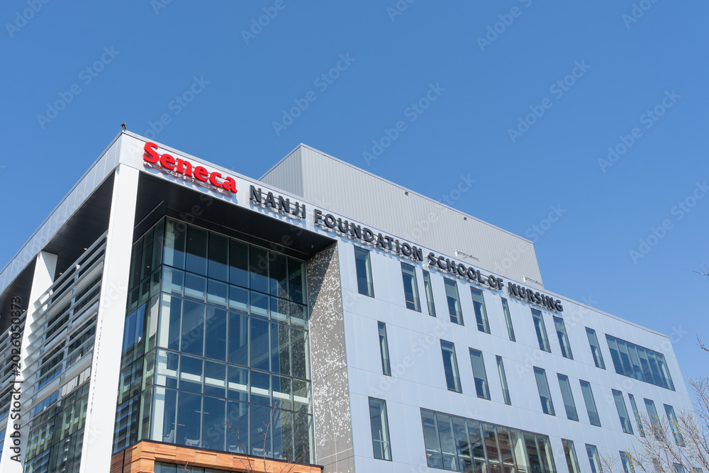 Naklejka premium Toronto, Canada -May 18, 2026: Nanji Foundation School of Nursing building at Seneca Polytechnic Newnham Campus in Toronto, Canada, in 2026.