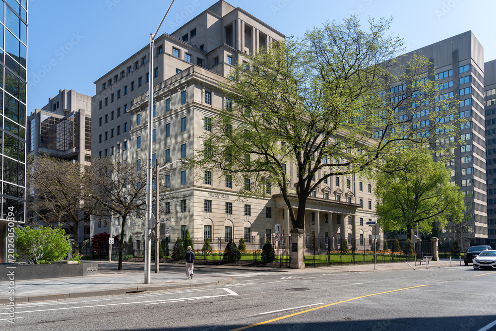 Fototapeta premium Toronto, Canada - May 18, 2026: Headquarters of Manulife Financial Corporation on Bloor Street East in Toronto, Canada. Manulife Financial Corporation is a Canadian multinational financial services pr